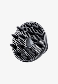 Svart plast hårfønerdiffusor med flere kjegleformede topper og sirkulært rutenettmønster, designet for jevn luftstrømfordeling.
