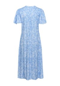 Abito azzurro chiaro con un motivo floreale, maniche corte a sbuffo, scollo a giro, e un design fluido con una vestibilità rilassata.
