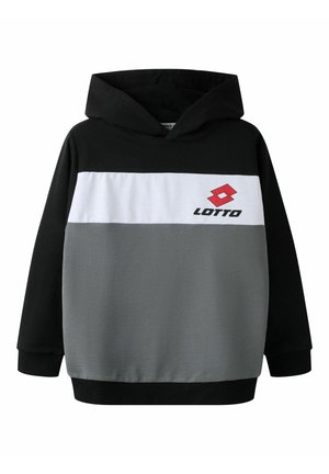 Sweat à capuche bicolore noir, blanc et gris avec un logo Lotto rouge et noir sur le devant, doté d’une capuche et de manches longues.