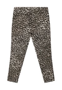 Pantalons de jogging à imprimé léopard en beige et noir. Taille élastique avec cordon de serrage. Comprend des poches latérales et un design de jambe fuselée.