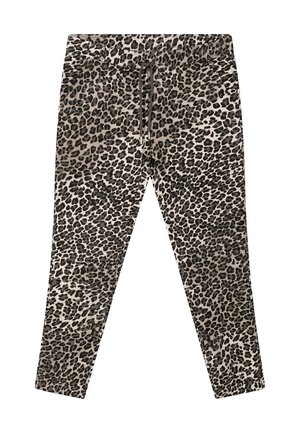Pantalons de jogging à imprimé léopard en beige et noir. Taille élastique avec cordon de serrage. Comprend des poches latérales et un design de jambe fuselée.