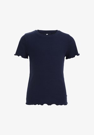 Námořnická modrá žebrovaná trička s krátkým rukávem, s volánkovým okrajem na rukávech a lemu, vyrobené z lehkého bavlněného materiálu.