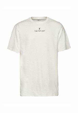 Bawełniana koszulka w kolorze ecru, z okrągłym dekoltem, krótkimi rękawami oraz czarnym napisem na przodzie. Lekka, luźna forma.