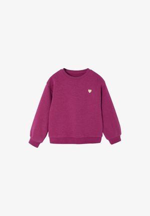 Lila Sweatshirt mit langen Ärmeln, gerippten Bündchen und Saum, mit einem kleinen beigen Herzen auf der linken Brust.