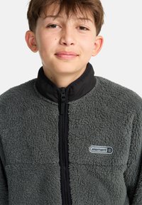 Graue Fleecejacke mit einem Reißverschluss vorne, schwarzem Kragen und einem "Element"-Logopatch auf der Brust. Weicher, strukturierter Stoff mit einem gemütlichen Aussehen.