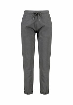 Dark gray tapered sweatpants with drawstring waistband, side pockets, and cuffed hems, displayed on a white background.