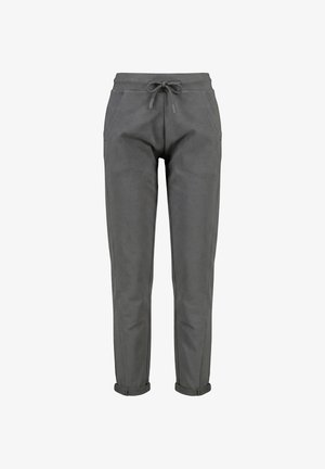 Dunkelgraue, schmal zulaufende Jogginghosen mit Kordelzugbund, Seitentaschen und Bündchen an den Säumen, dargestellt auf weißem Hintergrund.