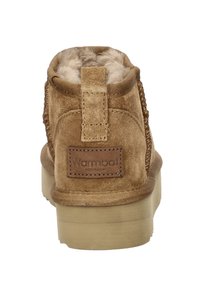 Bruine suède enkellaars met faux fur voering, platte beige zool, achterlabel op de hak gestikt en decoratieve naden langs de zijkanten.