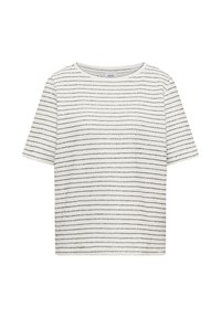 Chemise blanche à manches courtes avec fines rayures horizontales noires et un col rond.