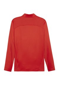 Langarm sportshirt in helder rood, gemaakt van textuur-ademend materiaal met een subtiel patroon op de schouder en een gladde kraag.