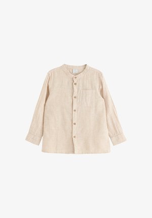 Chemise beige à manches longues avec boutons, col officier, poche poitrine avant et fines rayures blanches verticales.