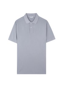 Grijze polo shirt van zacht materiaal, met een klassieke kraag, twee knopen bij de hals, korte mouwen en een klein logo op de borst.