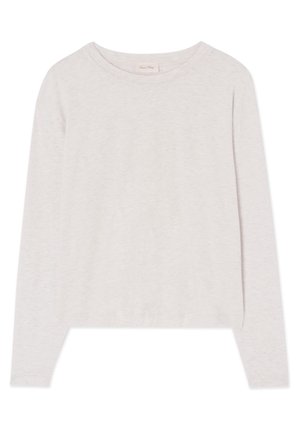Svetlo siva majica z dolgimi rokavi iz mehkega, strukturiranega blaga z okroglim izrezom in rahlo skrajšanim robom. Brez vidnih zapiranj.