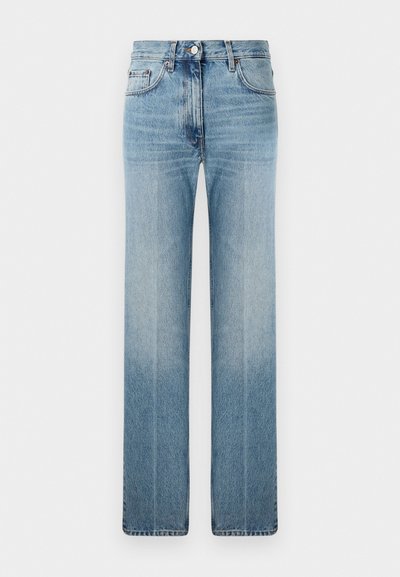 Svetlo modri ravni jeansi iz denima, z rahlim bledenjem, klasičnim pet-pocket oblikovanjem in kovinskim gumbom za zapiranje v pasu.