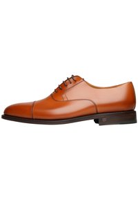 Braune Lederdressschuhe mit glänzender Oberfläche, runder Spitze und fünf Ösen. Verfügt über eine dezente Nahtverarbeitung entlang des Obermaterials.