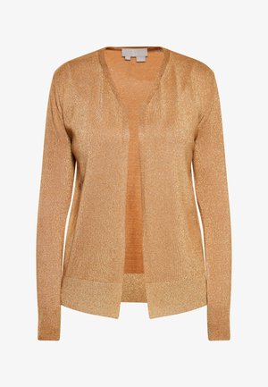 Gouden metallic cardigan, lichtgewicht gebreide textuur, open voorzijde, lange mouwen, ribgebreide manchetten en zoom, met een subtiele glans.