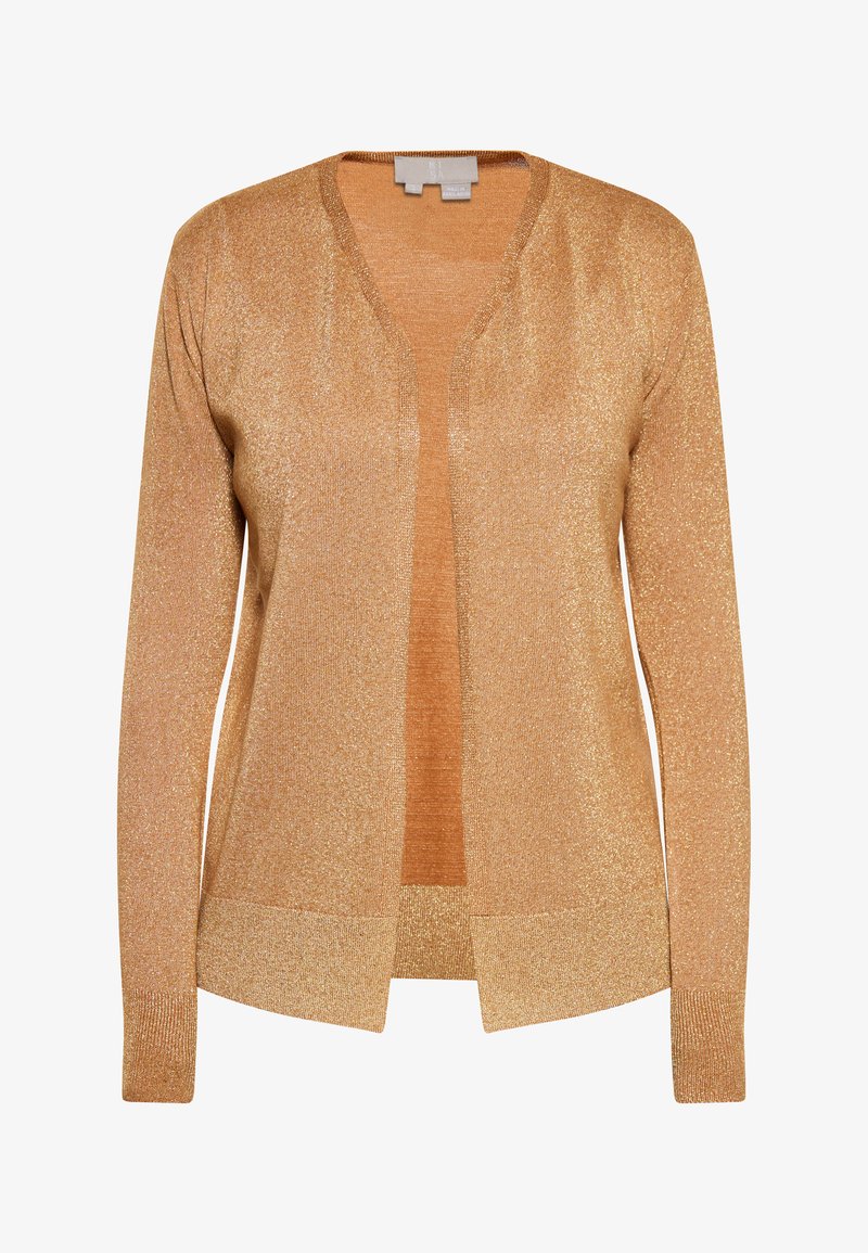 Złoty metaliczny kardigan, lekki dzianinowy materiał, otwarty fason, długie rękawy, prążkowane mankiety i dół, z subtelnym połyskiem.