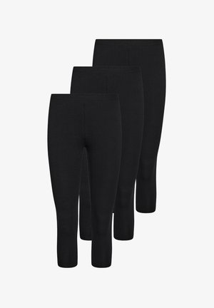 Sorte leggings i pakke med tre, lavet af strækbart stof, med elastisk taljebånd og tætsiddende design, der slutter under læggen.