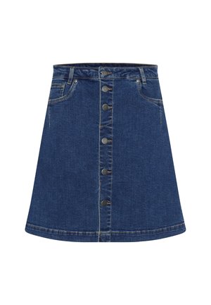 Jeans A-linje kjol i mörkblått med knappstängning fram och kontrasterande sömmar. Har två sidfickor och en fåll som går ovanför knäet.