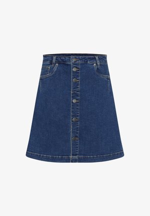 Tumed sinine A-line teksasilmile, millel on nupuvärav ja kontrastne õmblus. Sees on kaks küljetaskut ja hemline on üle põlve.