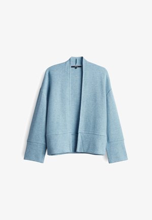 Hellblauer, locker sitzender Cardigan mit offenem Front, weiteren Ärmeln und weicher Textur. Hat eine verkürzte Länge und ein minimalistisches Design.