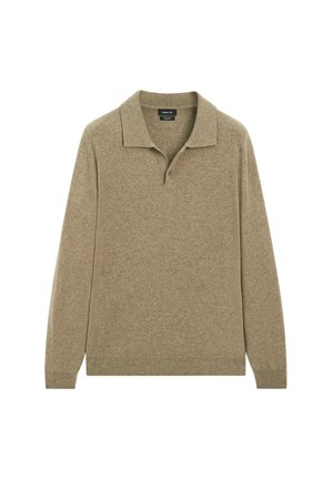 Beige lange mouwen polo shirt van zacht gebreid weefsel. Beschikt over een klassieke kraag en een drieknoopsluiting, met ribgebreide manchetten en zoom.
