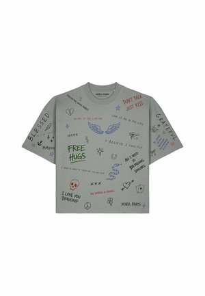 Gray short-sleeve T-shirt with various colorful handwritten words, phrases, and small doodles like wings, snake, heart, skull, and peace symbol.