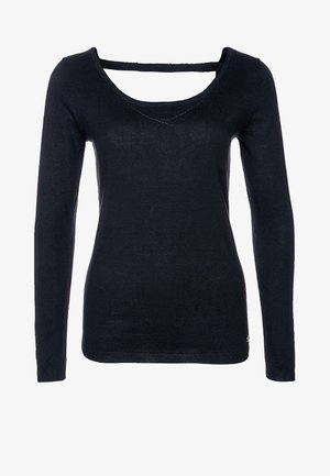 Haut noir à manches longues pour femmes avec un décolleté arrondi et une bande horizontale détaillée traversant le haut de la poitrine.