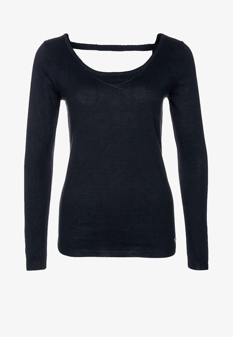 Haut noir à manches longues pour femmes avec un décolleté arrondi et une bande horizontale détaillée traversant le haut de la poitrine.