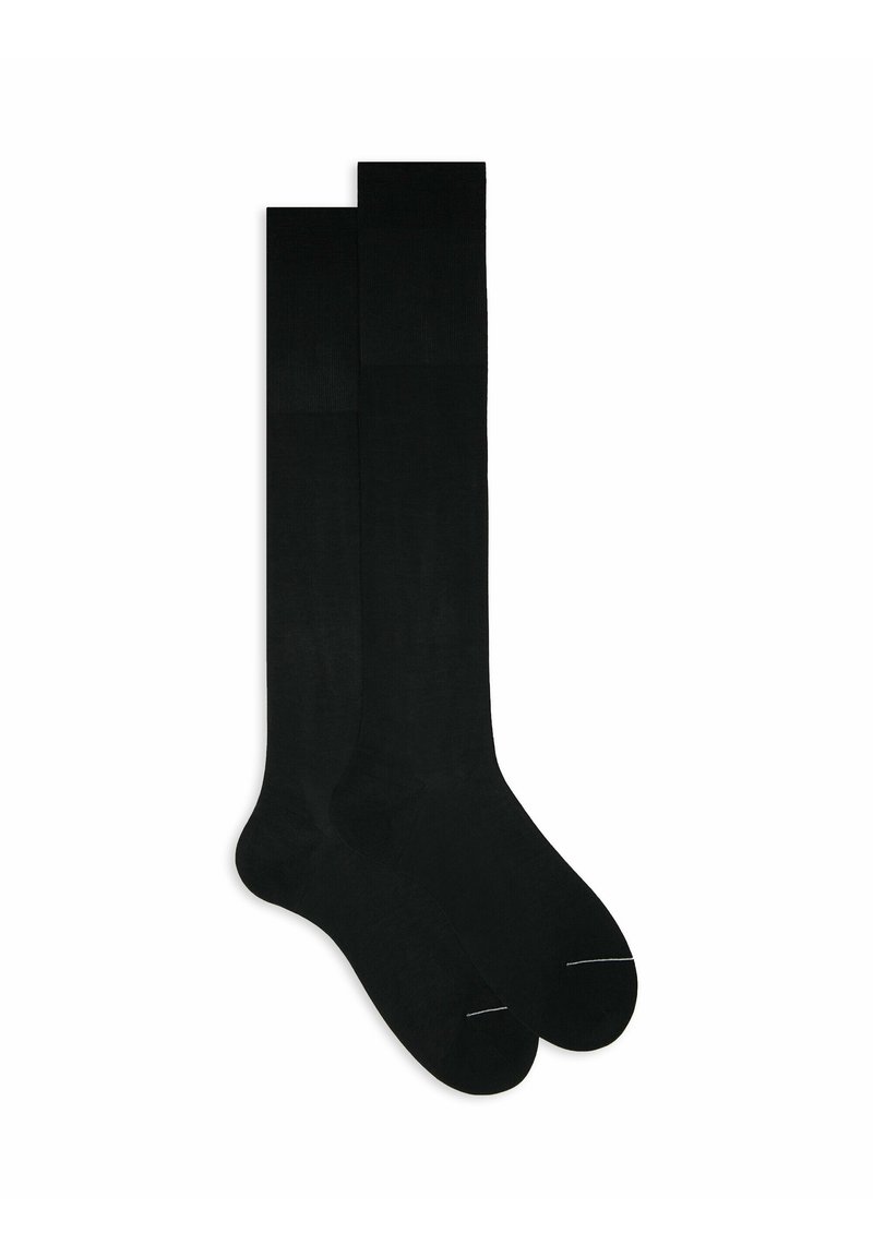 Black knee-high socks made of smooth material. Features a reinforced toe and minimal stitching. Classic design with a seamless finish.