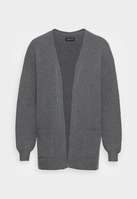 Grauer Strickcardigan mit weit geöffnetem Vorderteil, langen Ärmeln und zwei vorderen Taschen. Weicher Stoff und lässige Passform.