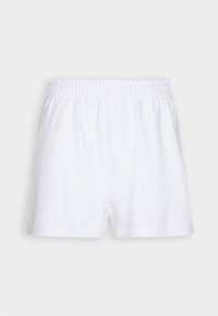Białe bawełniane szorty z elastycznym pasem, o gładkiej fakturze i prostym designie. Brak widocznych wzorów lub akcentów.