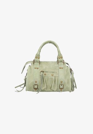 Borsa a tracolla in finta pelle verde con manici intrecciati, hardware in tono dorato, tasca frontale con zip e nappine laterali. Presenta una forma strutturata e una finitura testurizzata.