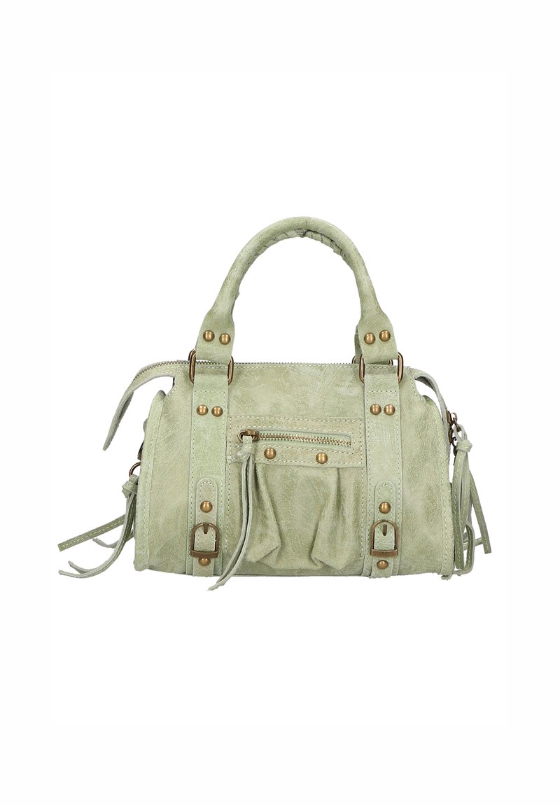 Borsa a tracolla in finta pelle verde con manici intrecciati, hardware in tono dorato, tasca frontale con zip e nappine laterali. Presenta una forma strutturata e una finitura testurizzata.