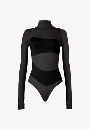 Svart långärmad bodysuit med genomskinlig design och kontrasterande ogenomskinliga partier samt hög krage, som framhäver en jämn textur och kroppsnära passform.