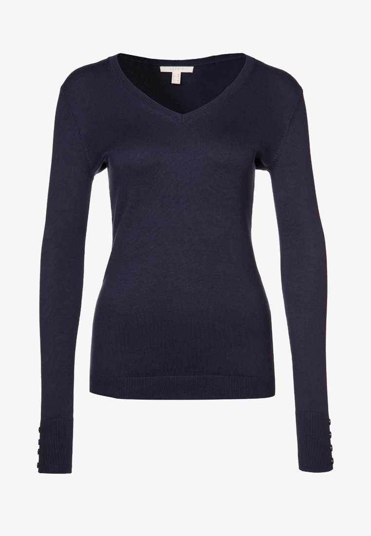 Dunkelblaues V-Ausschnitt-Pullover aus weichem Strickstoff. Lange Ärmel mit Knopfakzenten am Bündchen. Eng anliegendes Design mit geripptem Saum.