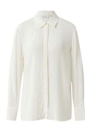 Langärmlige, cremefarbene Bluse aus glattem Stoff mit einem Hemdkragen mit Knöpfen und einem vertikalen plissierten Detail auf der Vorderseite.