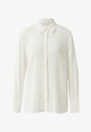 Langärmlige, cremefarbene Bluse aus glattem Stoff mit einem Hemdkragen mit Knöpfen und einem vertikalen plissierten Detail auf der Vorderseite.