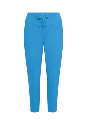 Bright blue tapered pants with drawstring waist and front seam details, displayed against a white background.