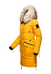 Lys gul oppustelig jakke med foret hætte, flere lommer, elastiske manchetter og et slankt, quiltet design. Med sorte accenter.