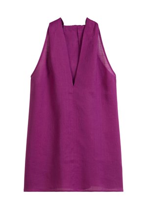 Haut sans manches violet avec un décolleté en V profond, fabriqué en tissu léger, présentant des lignes épurées et une coupe décontractée. Pas de motifs ni de matériel visible.