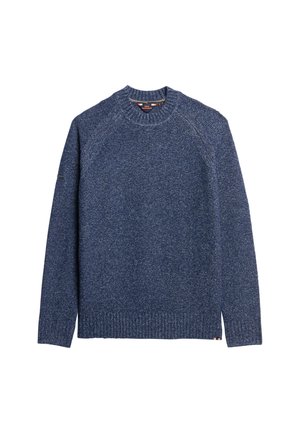 Suéter de punto azul marino con cuello redondo, puños y dobladillo acanalados, que presenta un patrón texturizado y ligeras aberturas laterales en la parte inferior.