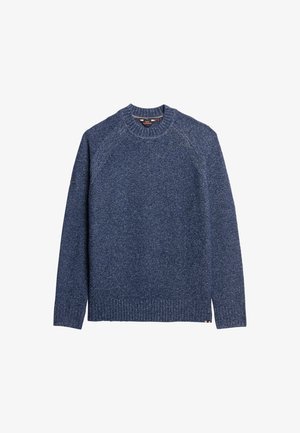 Marineblau gestrickter Pullover mit Rundhalsausschnitt, gerippten Bündchen und Saum, der ein strukturiertes Muster und leicht seitliche Schlitze am unteren Rand aufweist.