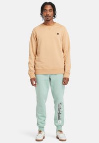 Beige sweatshirt med raglanærmer, logo på brystet. Mintgrønne sweatpants med "Timberland" trykt på venstre ben. Hvide sko med brune detaljer.