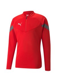 Rotes Langarm-Sporttrainingsoberteil mit halbem Reißverschluss, grauen Schultereinsätzen, strukturiertem Material und kleinem weißen Puma-Logo auf der Brust.