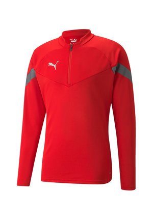 Rood sporttraining shirt met lange mouwen en een halve rits, grijze schouderaccenten, gestructureerde stof en een klein wit Puma-logo op de borst.