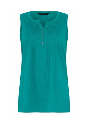 Top turchese senza maniche con scollo rotondo, patta con quattro bottoni e pieghe verticali sul davanti.