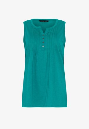 Top turchese senza maniche con scollo rotondo, patta con quattro bottoni e pieghe verticali sul davanti.