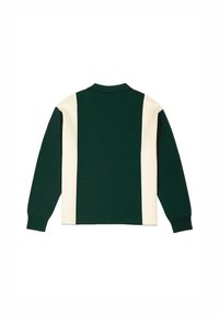 Pullover verde e crema con colletto, maniche lunghe e blocchi di colore verticali. Texture morbida e design semplice senza motivi visibili.