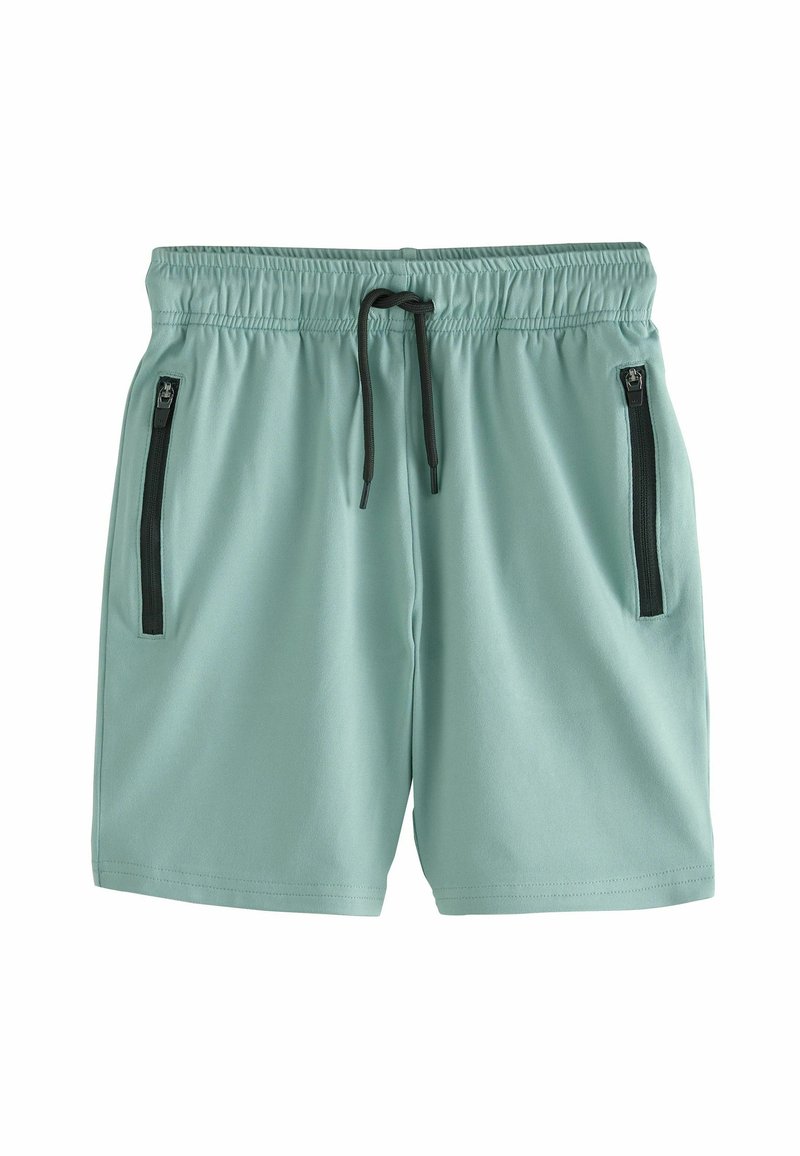 Licht mintgroene shorts van zachte stof, met een trekkoord in de taille en twee zwarte ritssluitingen aan de zijkanten.